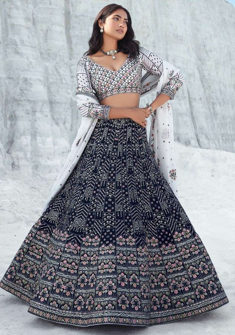 Navy Blue Sequin Embroidered Georgette Lehenga Set - Indya