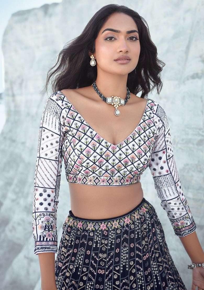 Navy Blue Sequin Embroidered Georgette Lehenga Set - Indya