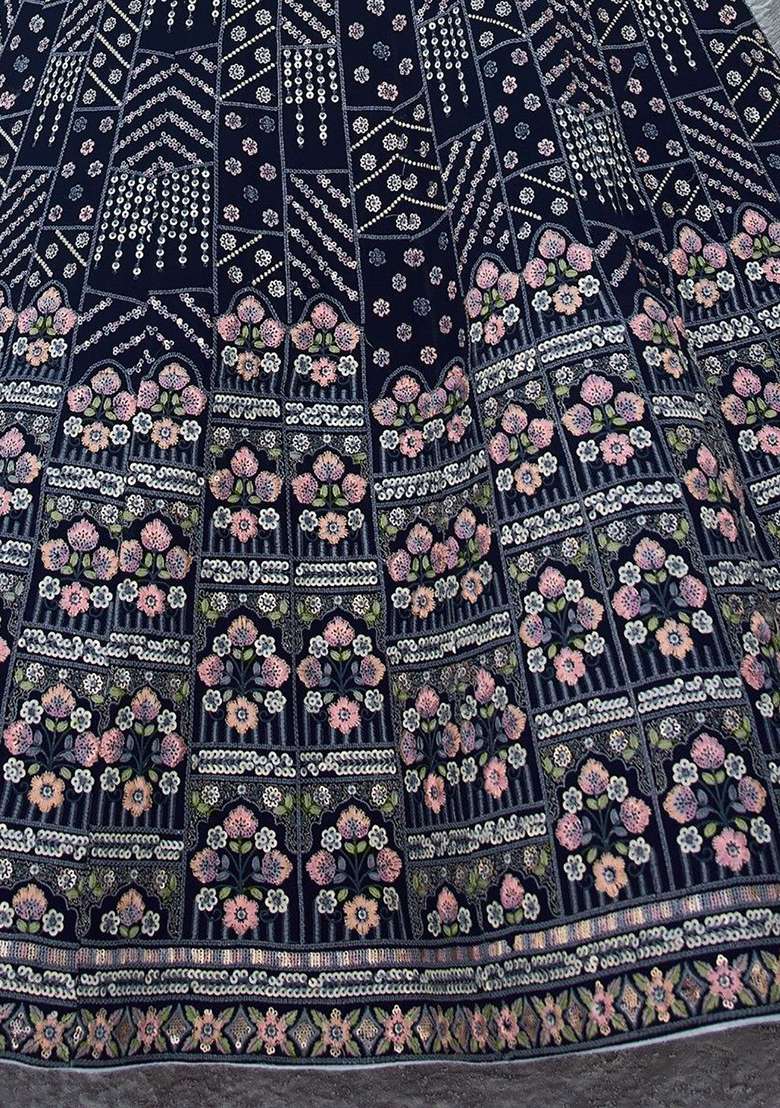 Navy Blue Sequin Embroidered Georgette Lehenga Set - Indya