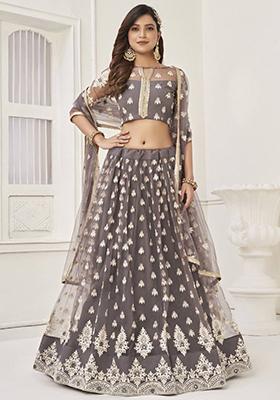 Grey Embroidered Net Lehenga Set