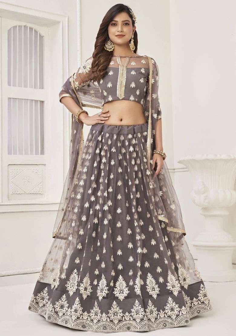 Grey Net Lehenga Set with Embroidered for Diwali | Wedding & Festive Wear - Indya