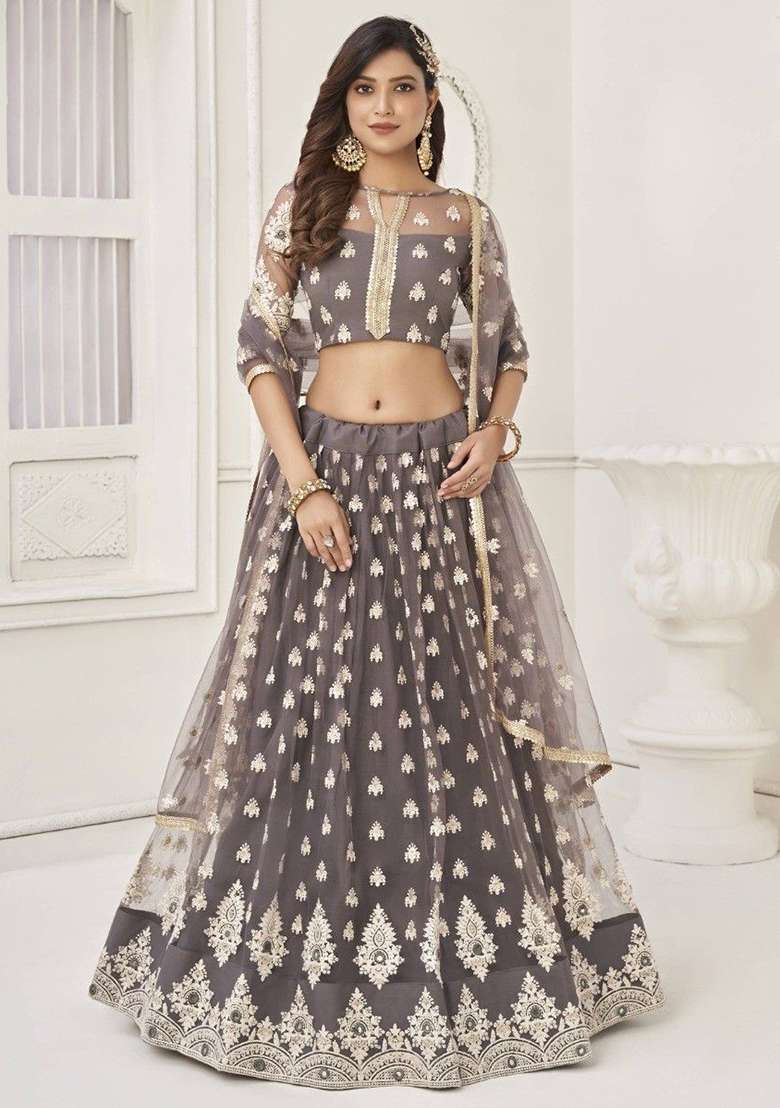 Grey Net Lehenga Set with Embroidered for Diwali | Wedding & Festive Wear - Indya