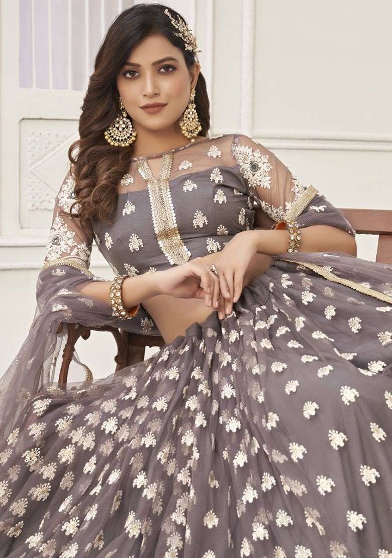 Grey Net Lehenga Set with Embroidered for Diwali | Wedding & Festive Wear - Indya