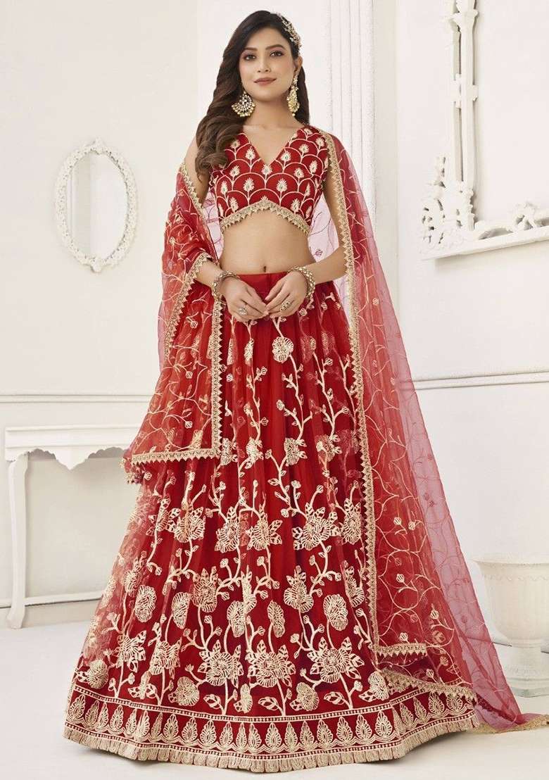 Red Sequin Embroidered Net Lehenga Set - Indya
