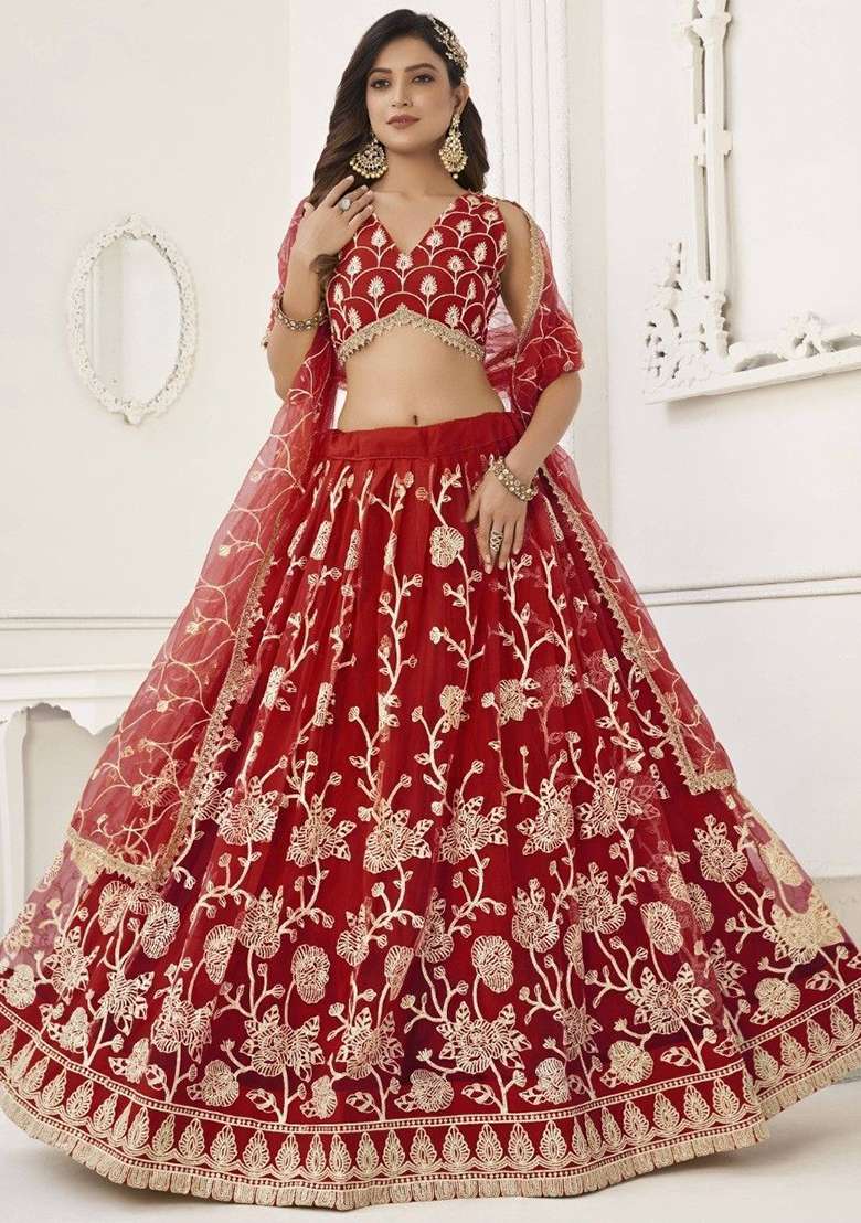 Red Sequin Embroidered Net Lehenga Set - Indya