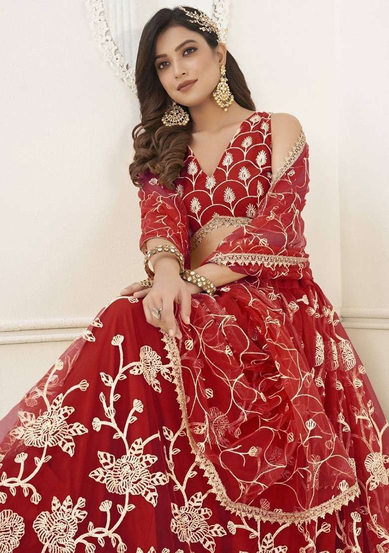 Red Sequin Embroidered Net Lehenga Set - Indya