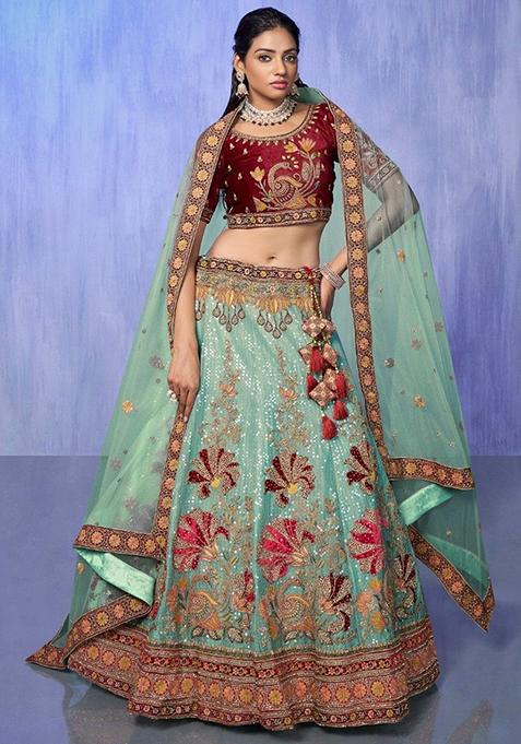 Turquoise Embroided Lehenga Set
