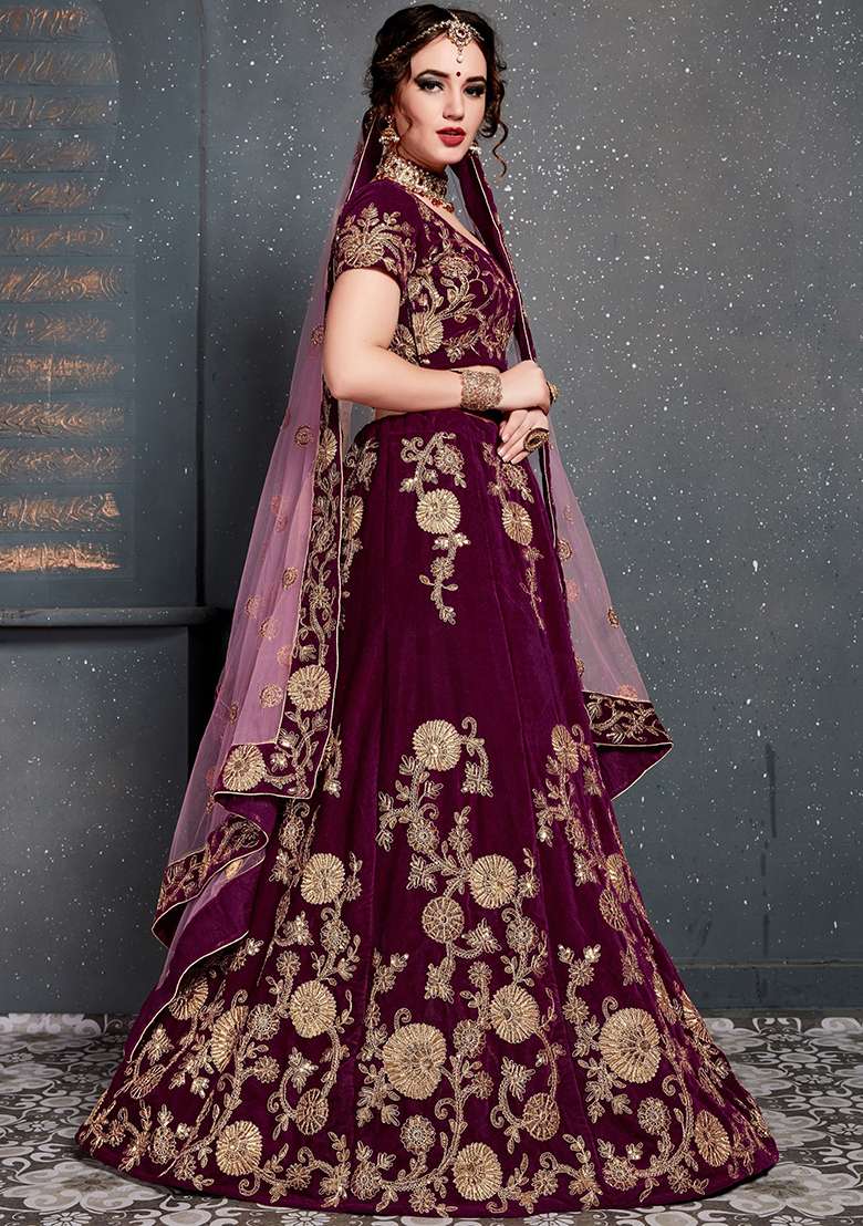Purple Embroidered Velvet Lehenga Set - Indya
