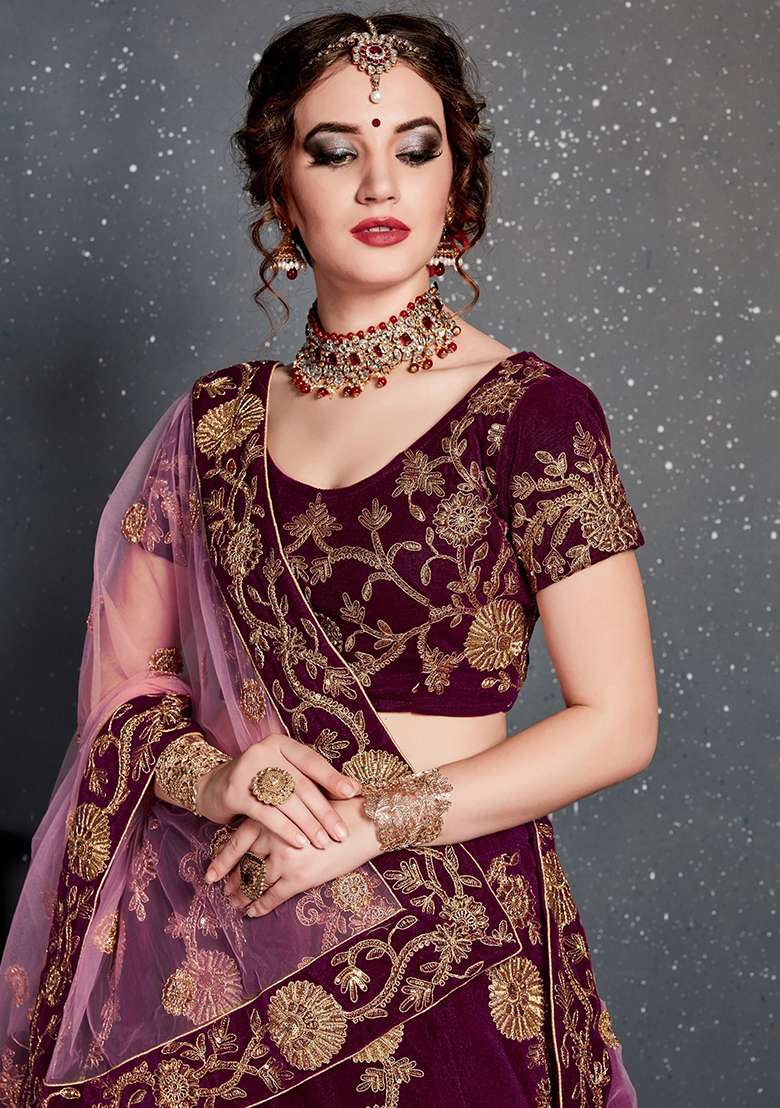 Purple Embroidered Velvet Lehenga Set - Indya