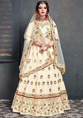 Cream Embroidered Silk Lehenga Set