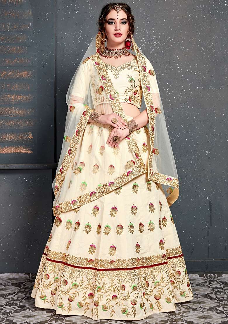 Cream Silk Blend Lehenga Set with Embroidered for Diwali | Wedding & Festive Wear - Indya