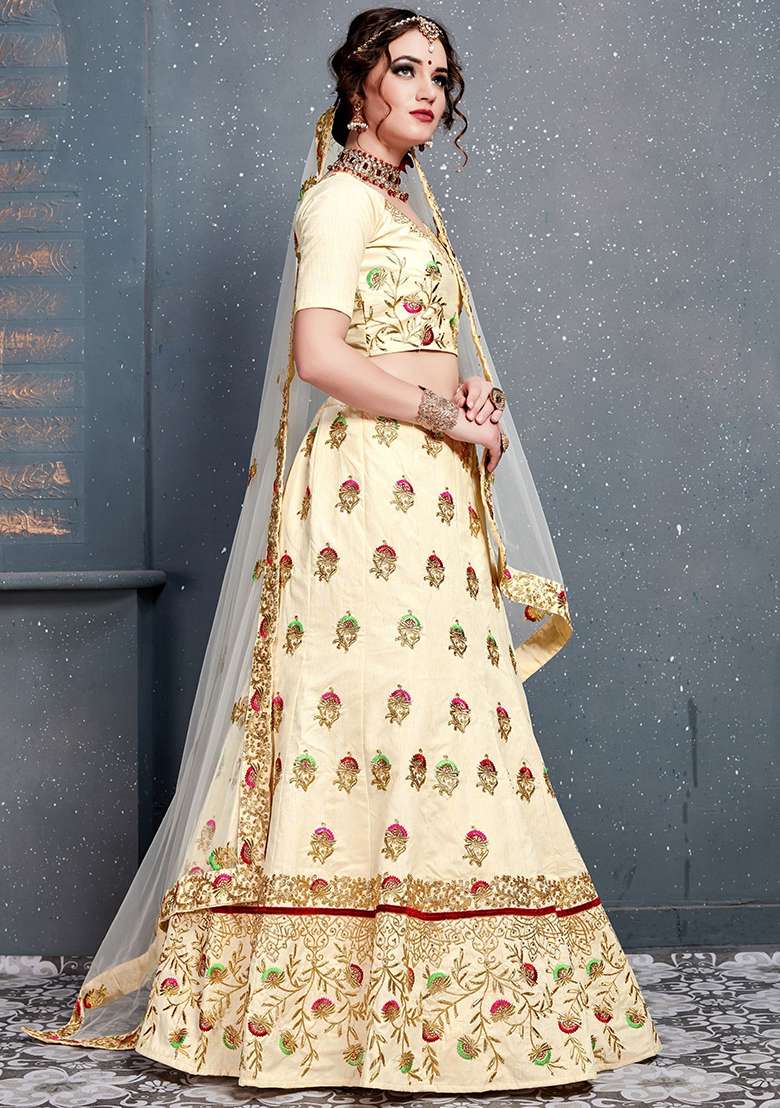 Cream Silk Blend Lehenga Set with Embroidered for Diwali | Wedding & Festive Wear - Indya