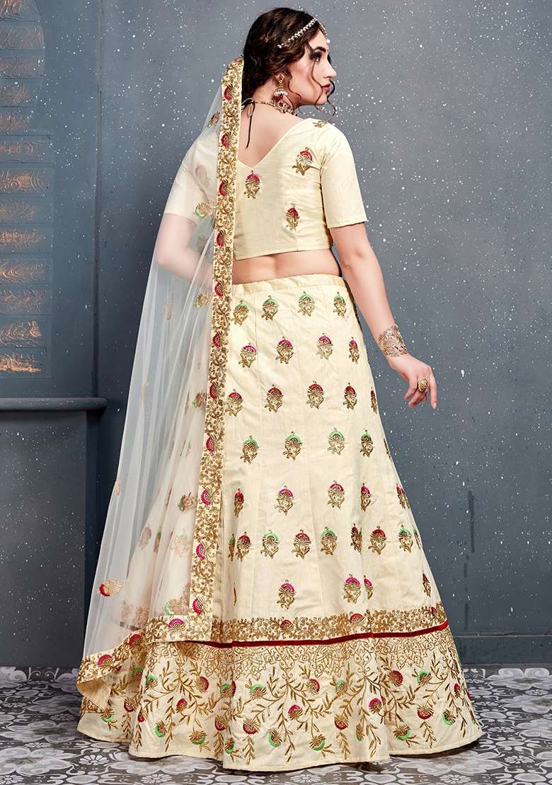 Cream Silk Blend Lehenga Set with Embroidered for Diwali | Wedding & Festive Wear - Indya
