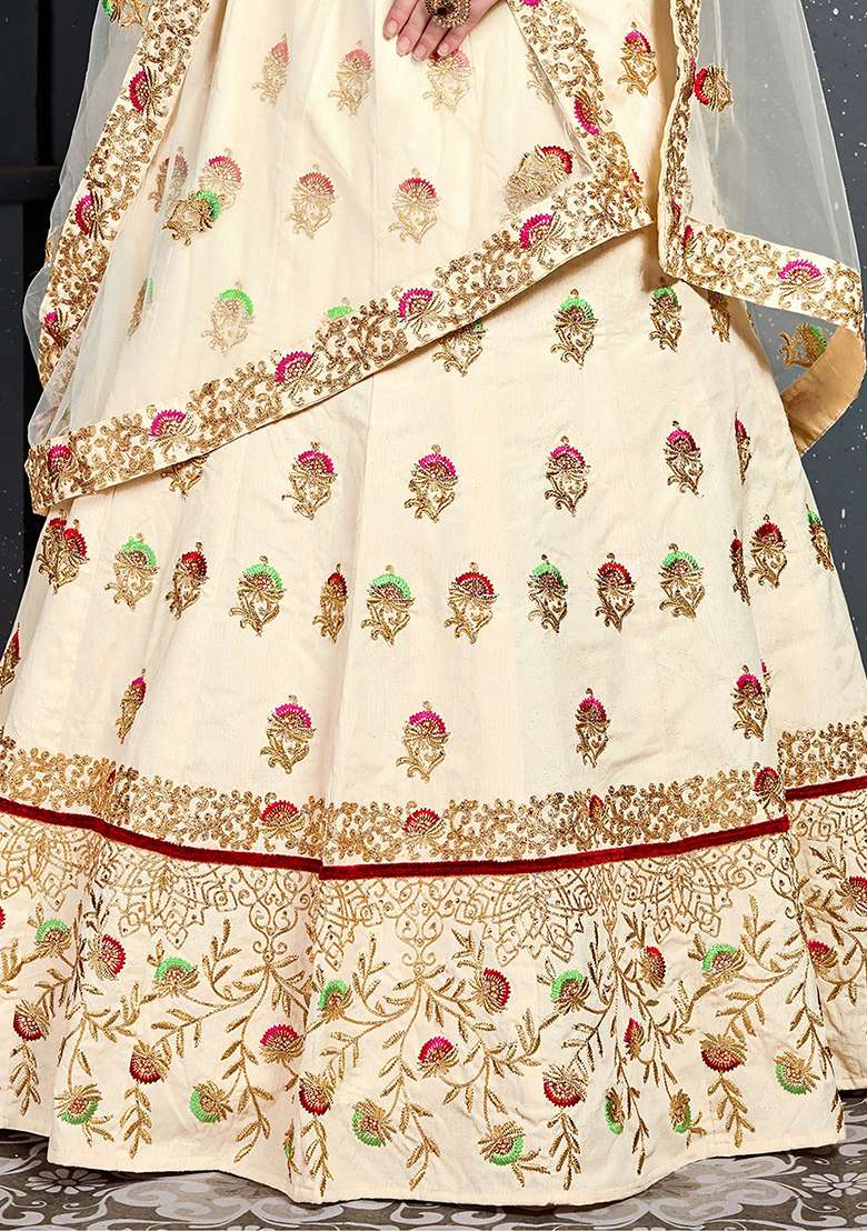 Cream Silk Blend Lehenga Set with Embroidered for Diwali | Wedding & Festive Wear - Indya