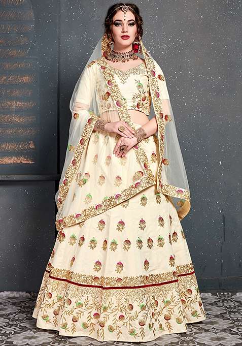 Cream Silk Blend Lehenga Set with Embroidered for Diwali | Wedding & Festive Wear