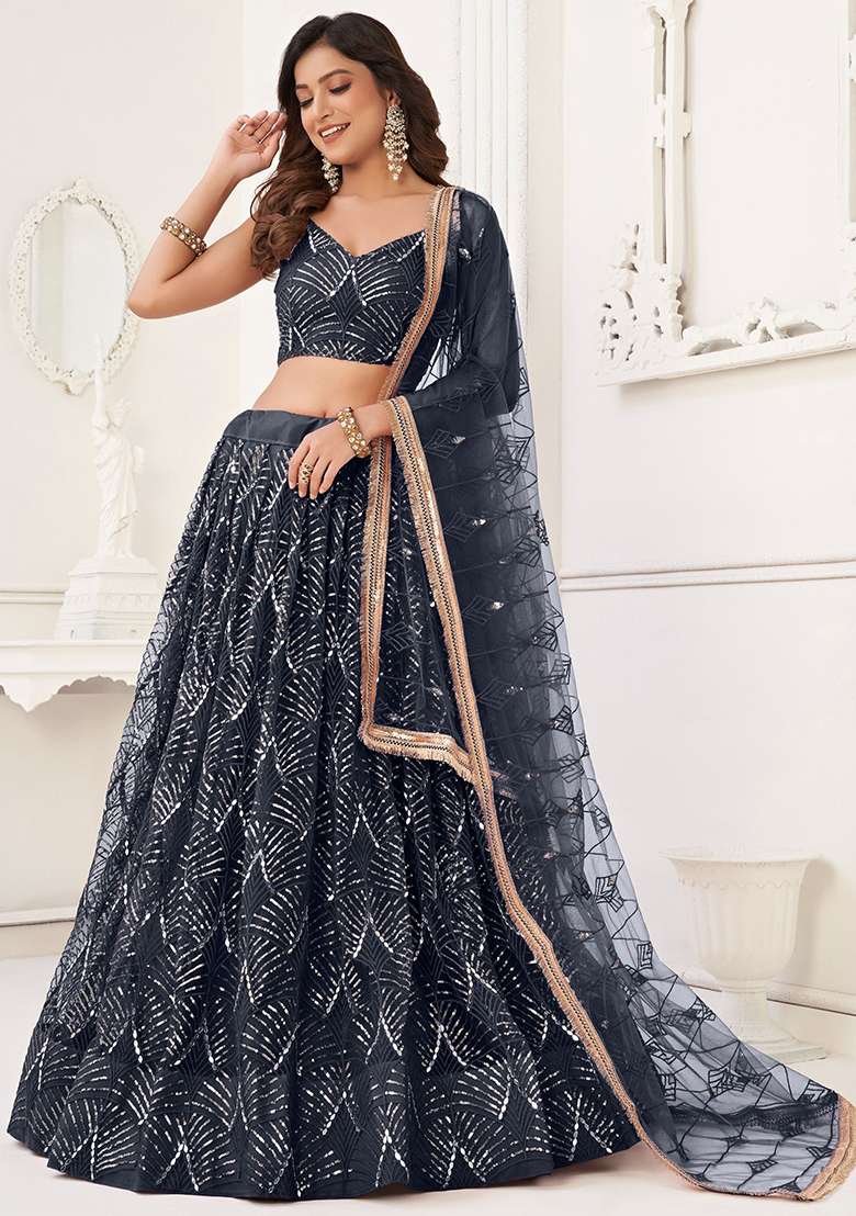 Black Net Lehenga Set with Embroidered & Sequin for Diwali | Wedding & Festive Wear - Indya