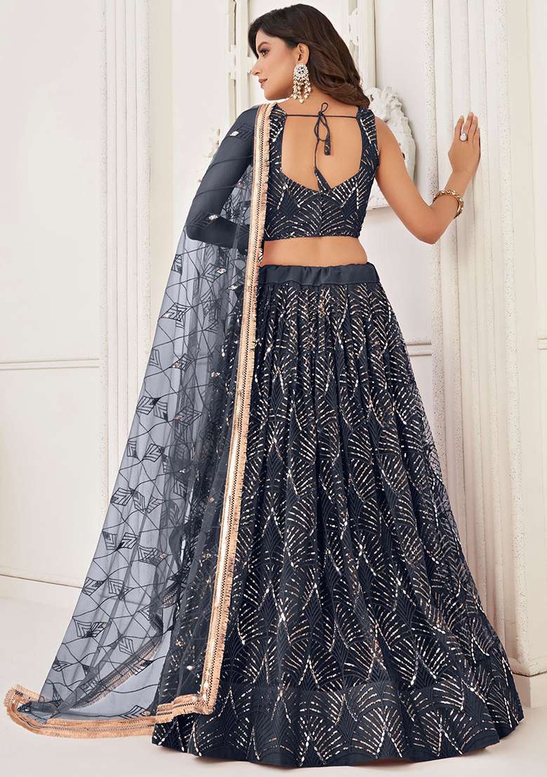 Black Net Lehenga Set with Embroidered & Sequin for Diwali | Wedding & Festive Wear - Indya