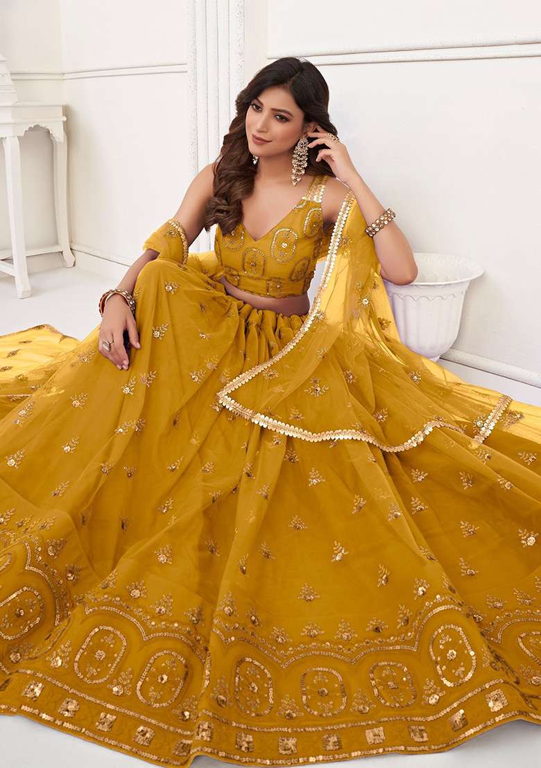 Yellow Sequin Embroidered Net Lehenga Set - Indya