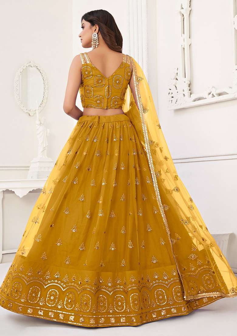 Yellow Sequin Embroidered Net Lehenga Set - Indya