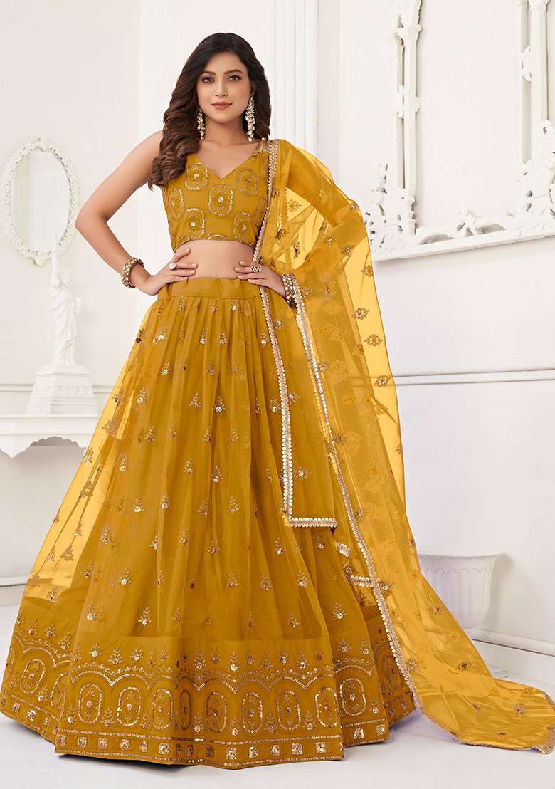 Yellow Sequin Embroidered Net Lehenga Set - Indya