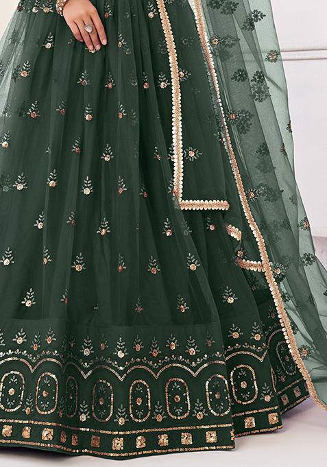 Green Heavy Embroidered Net Lehenga Set