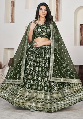 Green Zari Embroidered Jacquard Lehenga Set