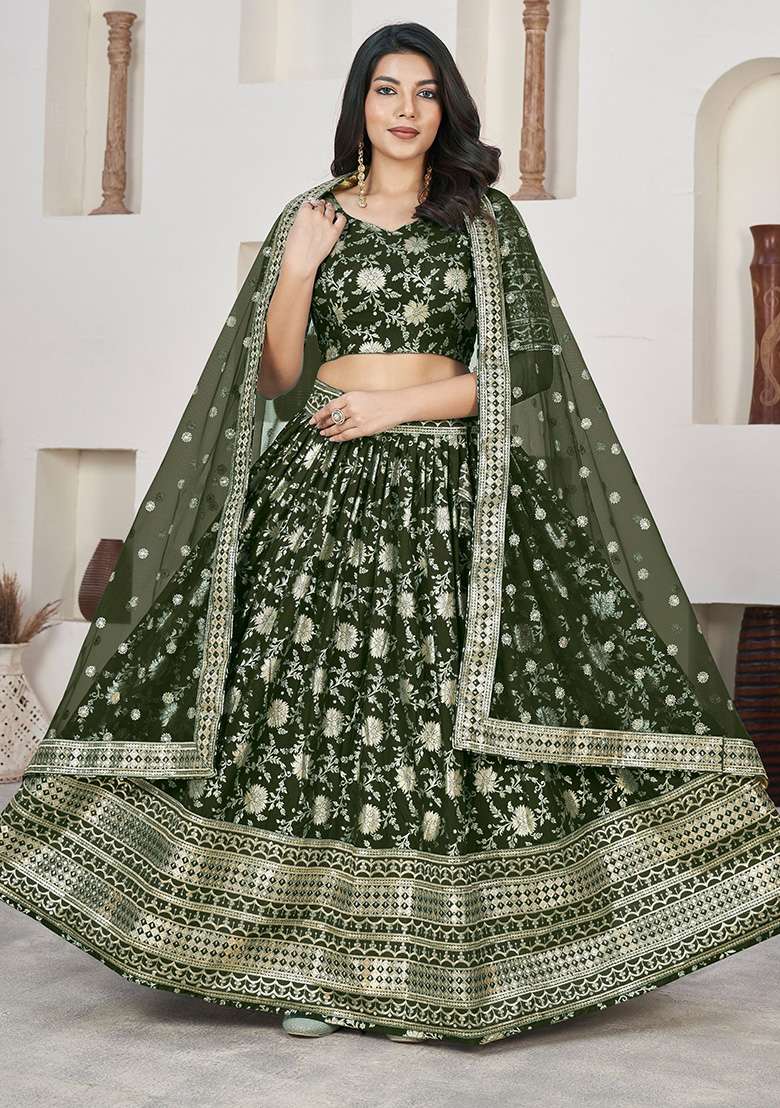 Green Zari Embroidered Jacquard Lehenga Set for Diwali and Festive Wear - Indya