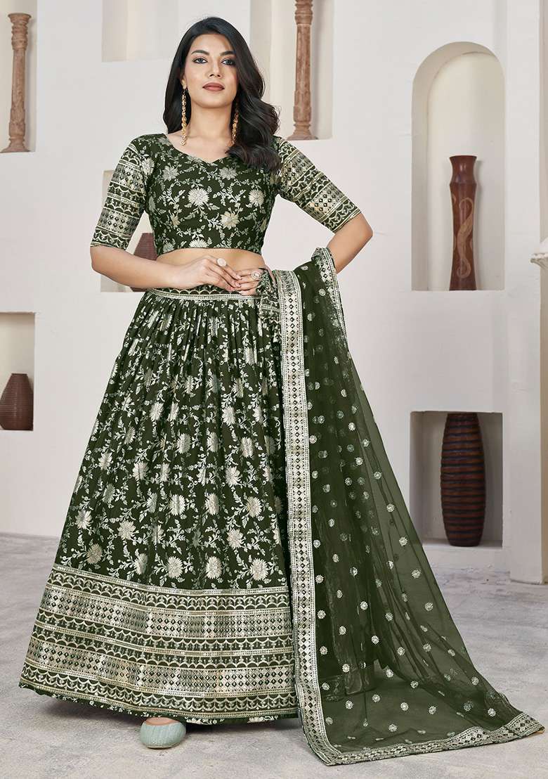 Green Zari Embroidered Jacquard Lehenga Set for Diwali and Festive Wear - Indya