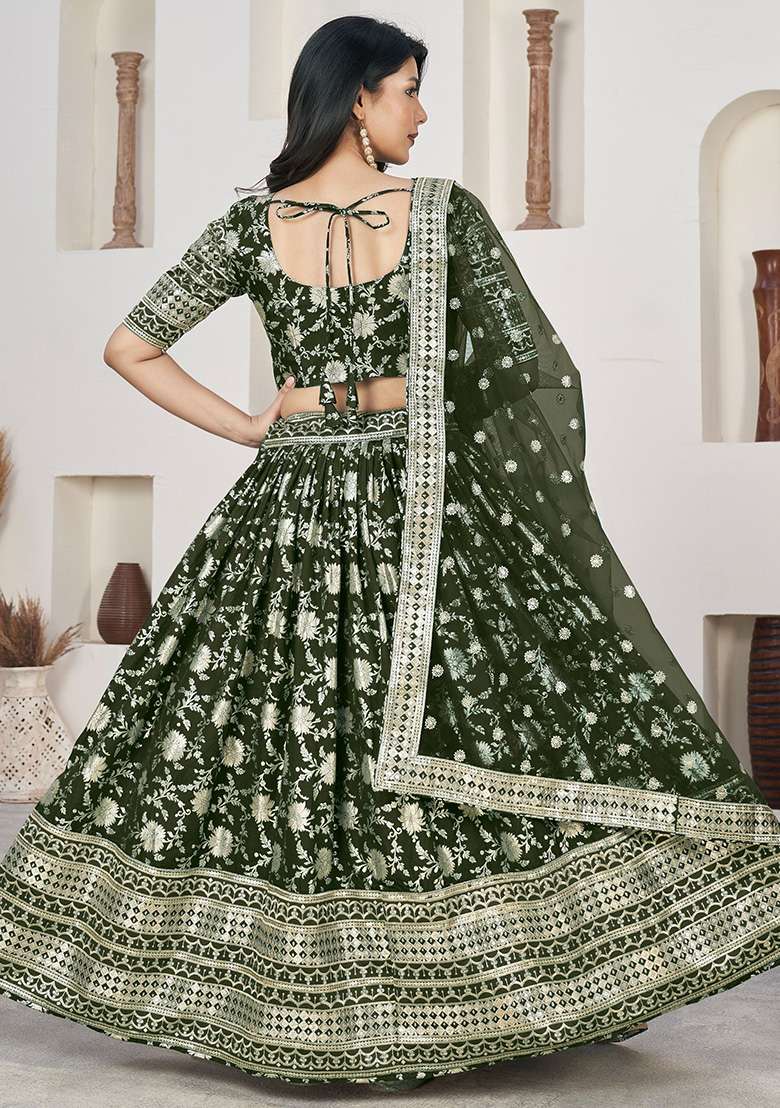 Green Zari Embroidered Jacquard Lehenga Set for Diwali and Festive Wear - Indya