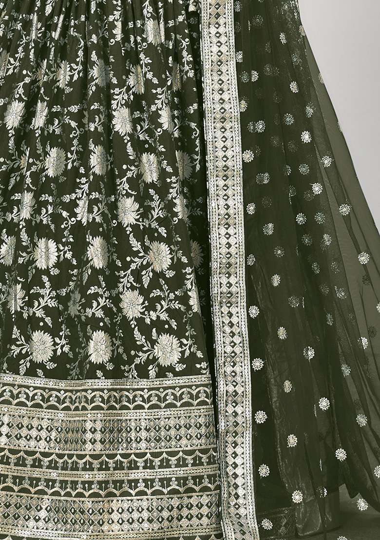 Green Zari Embroidered Jacquard Lehenga Set for Diwali and Festive Wear - Indya