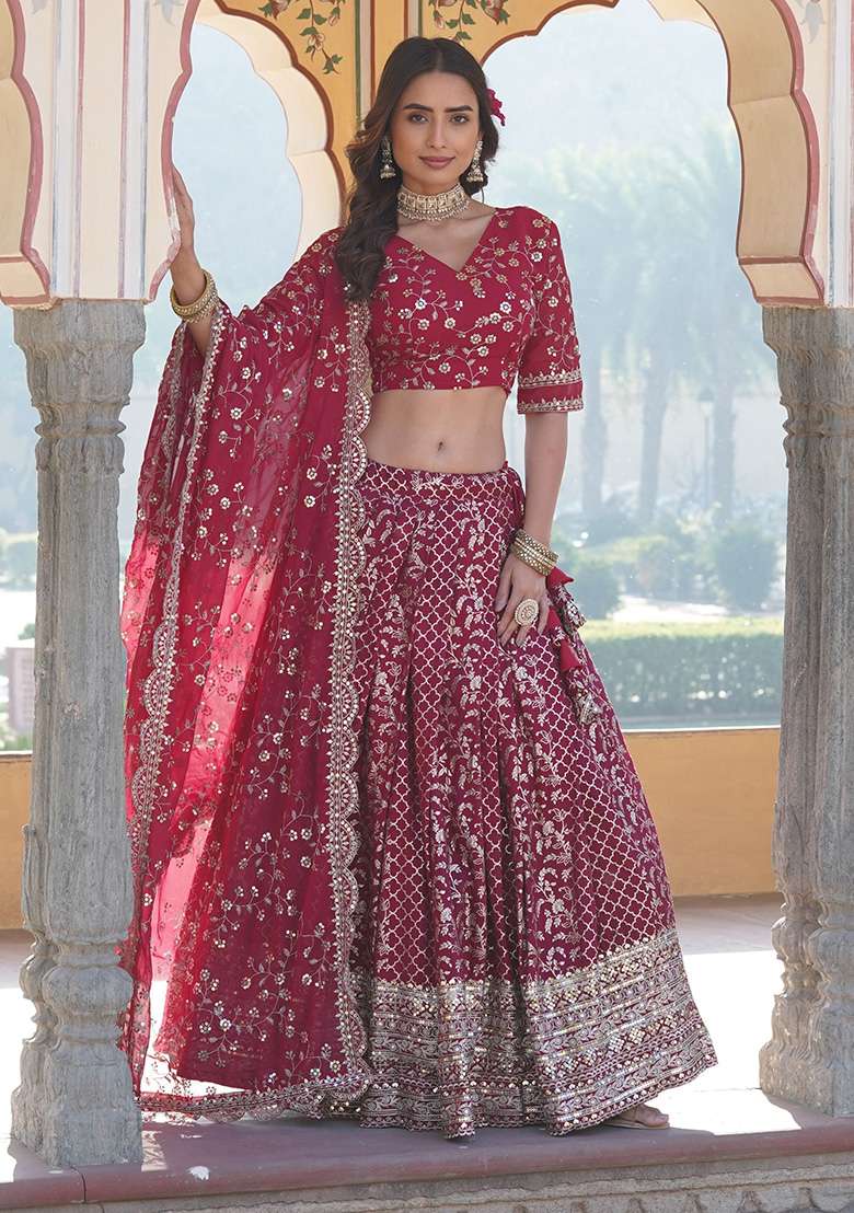 Rani Pink Sequin Embroidered Jacquard Lehenga Set for Diwali and Festive Wear - Indya