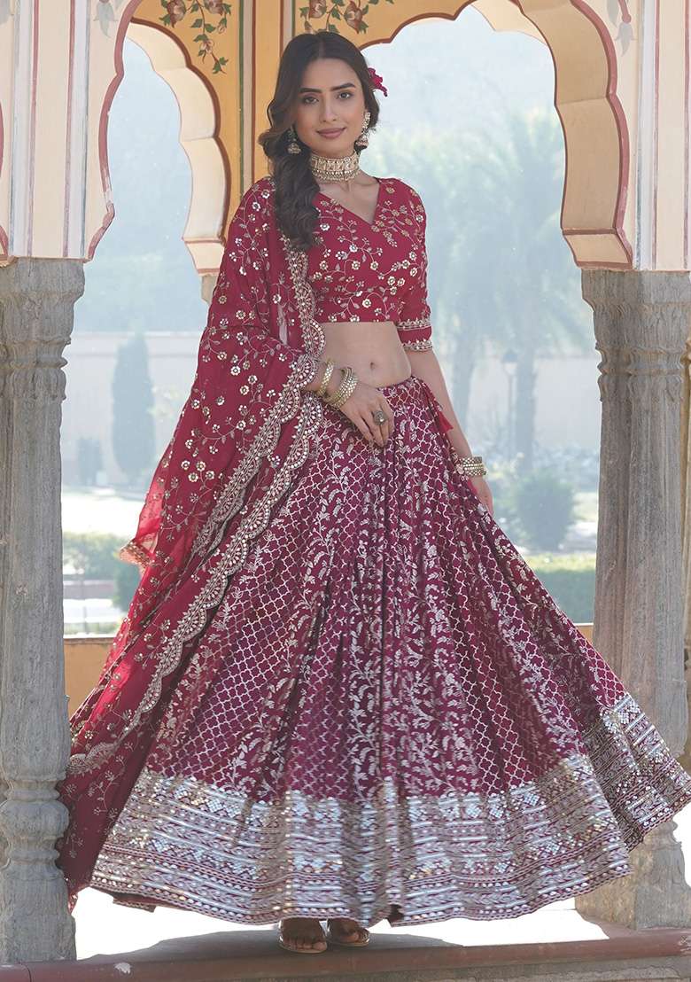 Rani Pink Sequin Embroidered Jacquard Lehenga Set for Diwali and Festive Wear - Indya