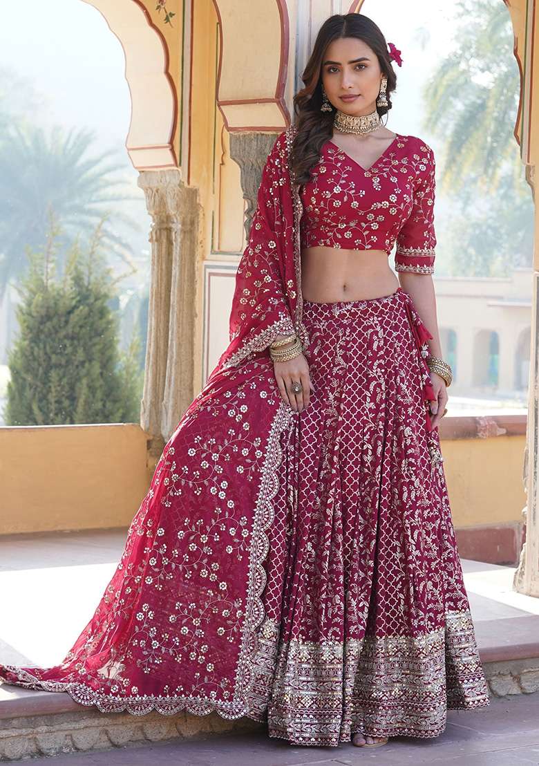 Rani Pink Sequin Embroidered Jacquard Lehenga Set for Diwali and Festive Wear - Indya