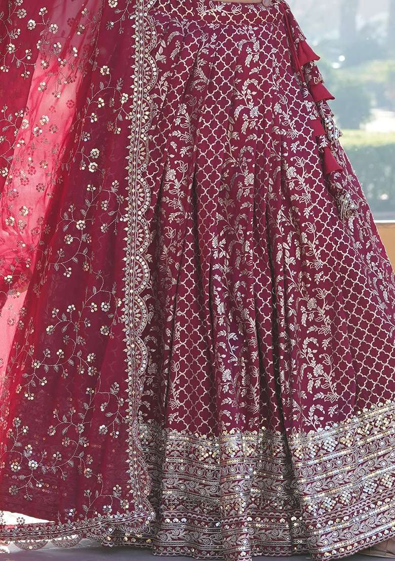 Rani Pink Sequin Embroidered Jacquard Lehenga Set for Diwali and Festive Wear - Indya