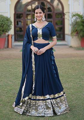 Navy Blue Sequin Embroidered Georgette Lehenga Set