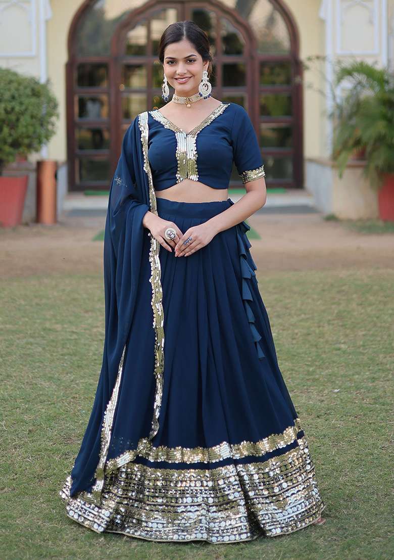 Navy Blue Georgette Lehenga Set with Embroidered & Sequin for Diwali | Wedding & Festive Wear - Indya
