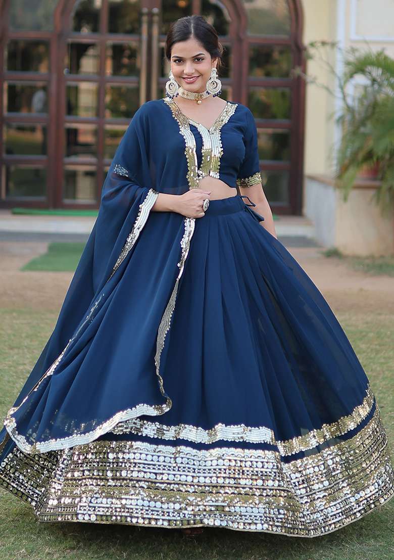 Navy Blue Georgette Lehenga Set with Embroidered & Sequin for Diwali | Wedding & Festive Wear - Indya