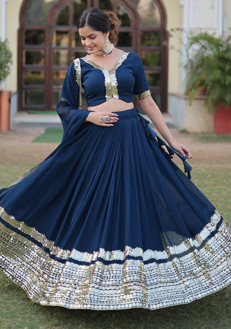 Navy Blue Georgette Lehenga Set with Embroidered & Sequin for Diwali | Wedding & Festive Wear - Indya