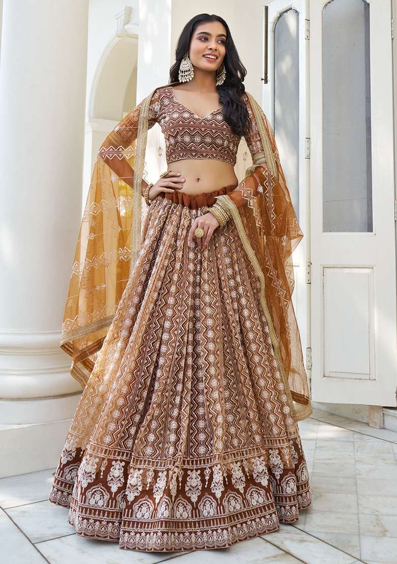 Brown Thread Work Net Lehenga Set for Diwali and Festive Wear - Indya