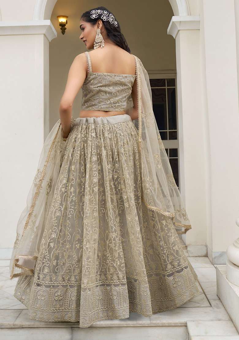 Ivory Sequin Embroidered Net Lehenga Set for Diwali and Festive Wear - Indya