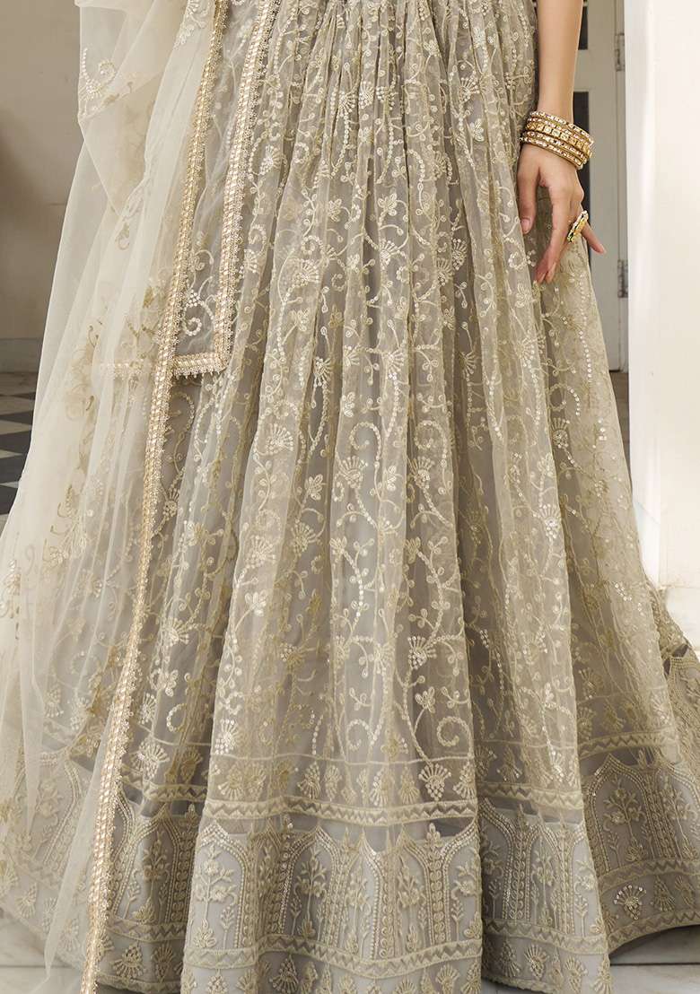 Ivory Sequin Embroidered Net Lehenga Set for Diwali and Festive Wear - Indya