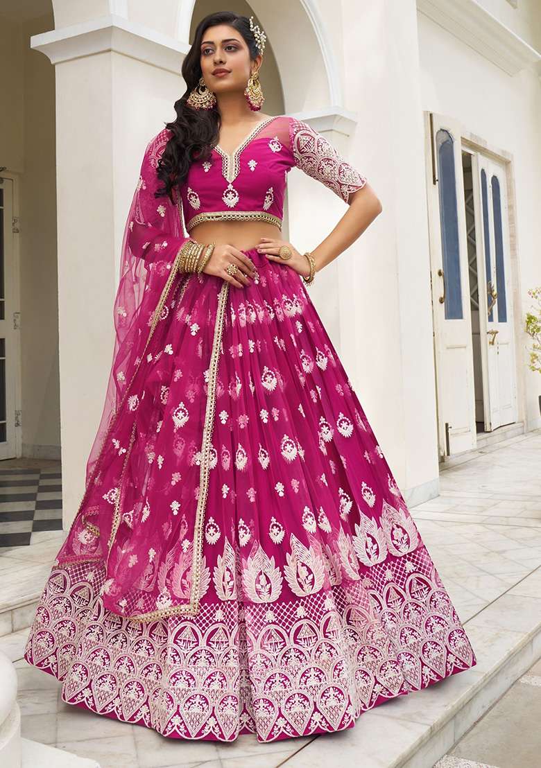 Rani Pink Thread Work Net Lehenga Set for Diwali and Festive Wear - Indya