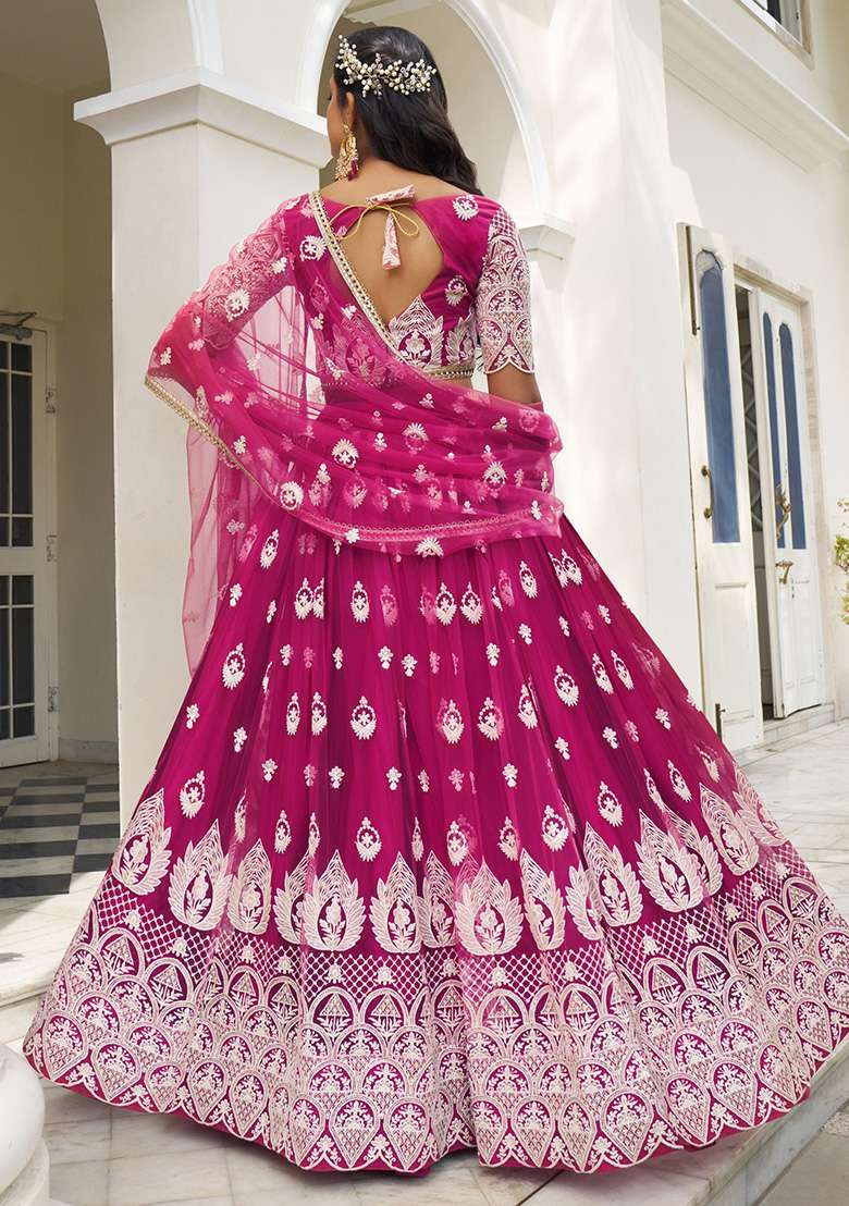 Rani Pink Thread Work Net Lehenga Set for Diwali and Festive Wear - Indya
