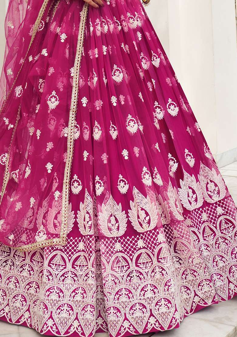 Rani Pink Thread Work Net Lehenga Set for Diwali and Festive Wear - Indya