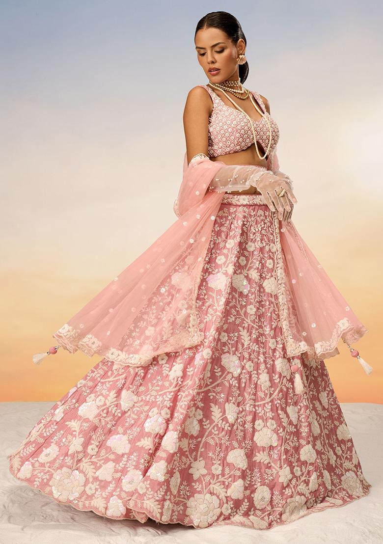 Peach Sequin Embroidered Georgette Lehenga Set