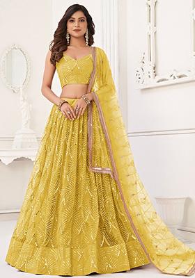 Yellow Thread Work Net Lehenga Set