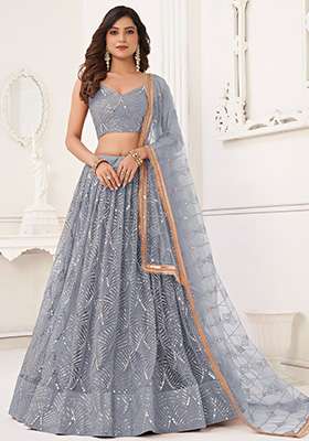 Grey Net Lehenga Set with Thread Work for Diwali | Wedding & Festive Wear