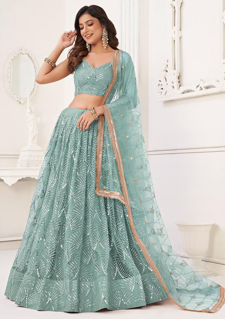 Aqua Blue Thread Work Net Lehenga Set