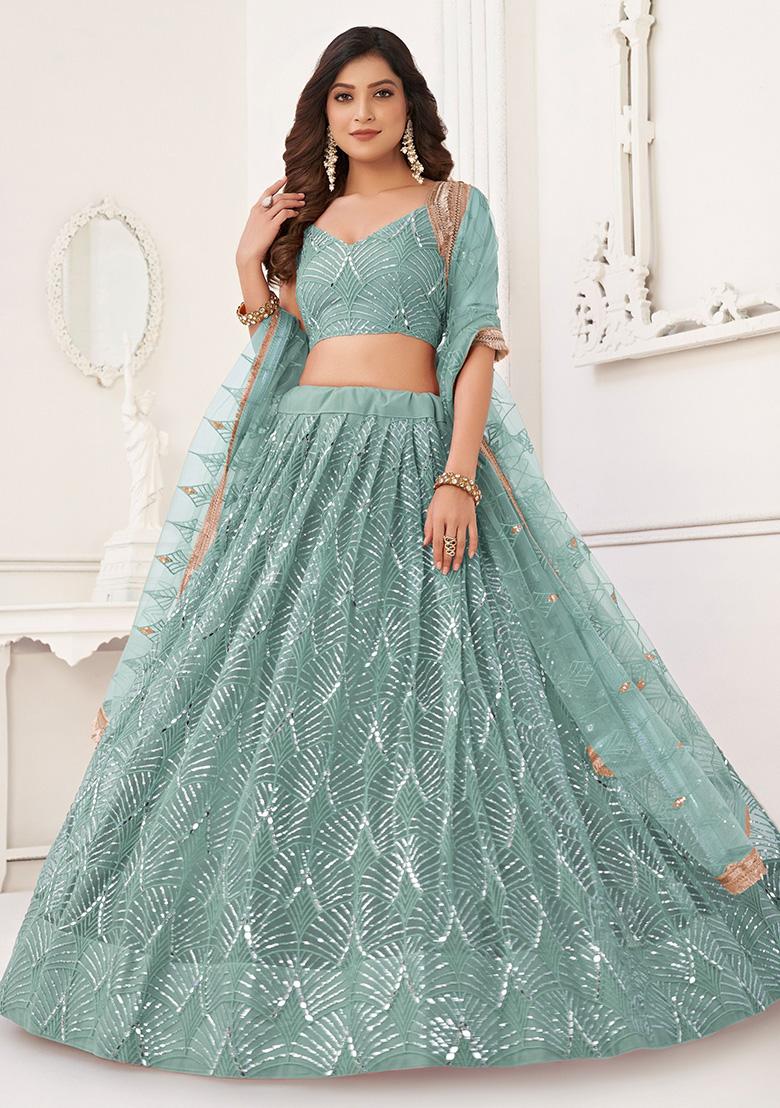 Aqua Blue Thread Work Net Lehenga Set