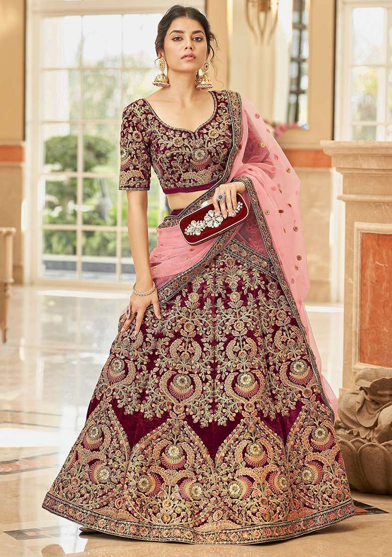Maroon Embroidered Velvet Lehenga Set - Indya